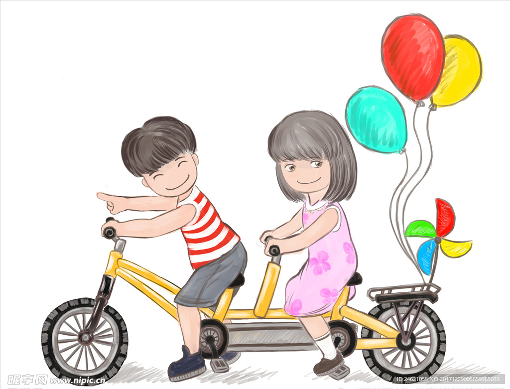 幸福的情侣骑着双人自行车。插画图片素材_ID:419564589-Veer图库