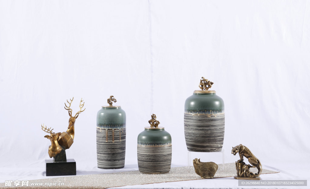 创意陶瓷配铜罐子橄榄绿条纹