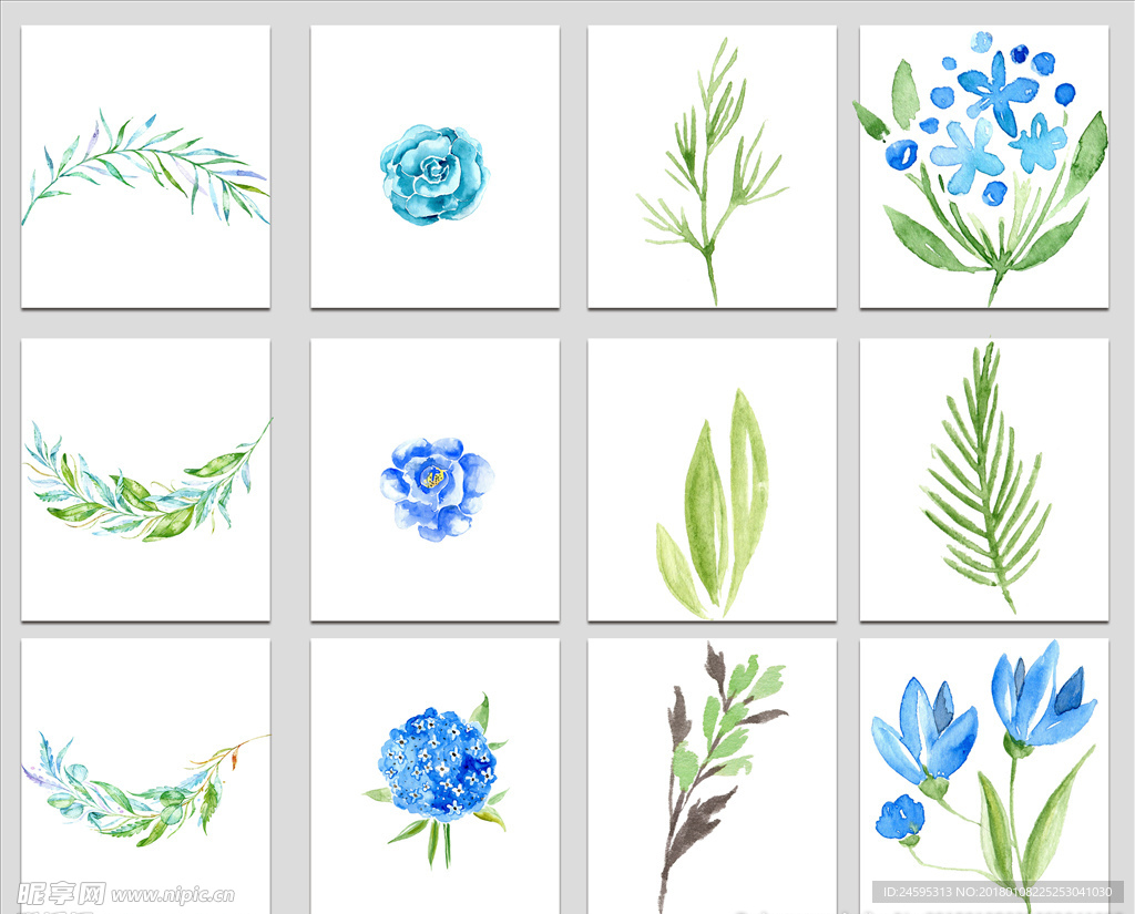 免抠蓝色花卉与树叶矢量素材