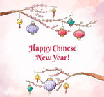 手绘水粉新年快乐插图