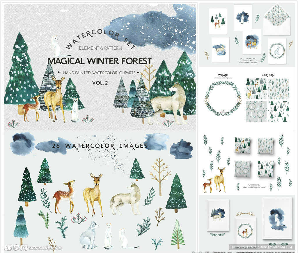 手绘冬季冬天森林动物水彩画