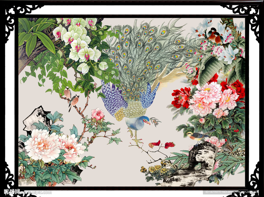 花开富贵孔雀图