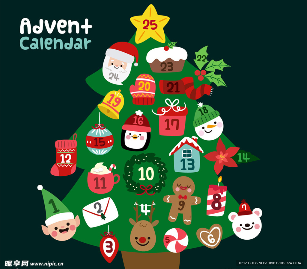可爱圣诞树圣诞月月历矢量图