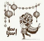 手绘新年舞狮子的孩子矢量素材