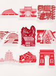 红色剪纸建筑元素设计