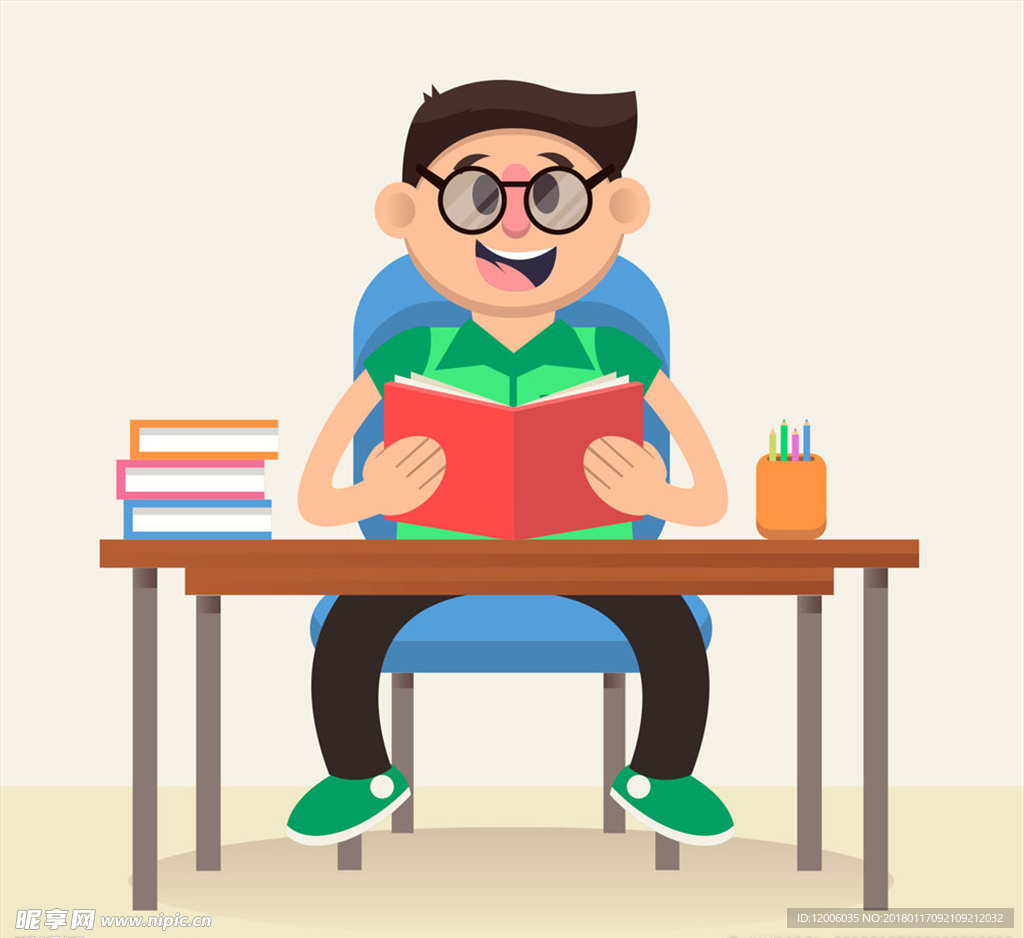 创意书桌前读书的男孩矢量素材