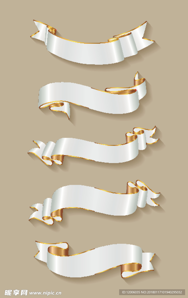5款白色金边丝带条幅矢量素材