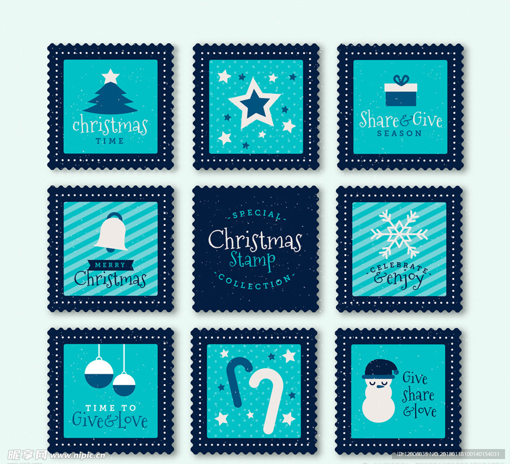 8款蓝色圣诞节邮票矢量素材