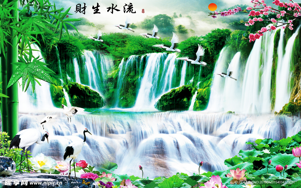 3D流水生财竹子鹤荷花梅花背景