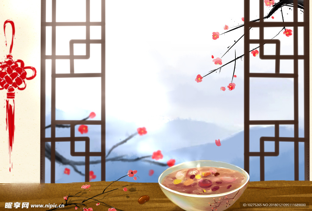 中国结、梅花、冬季窗景与腊八粥