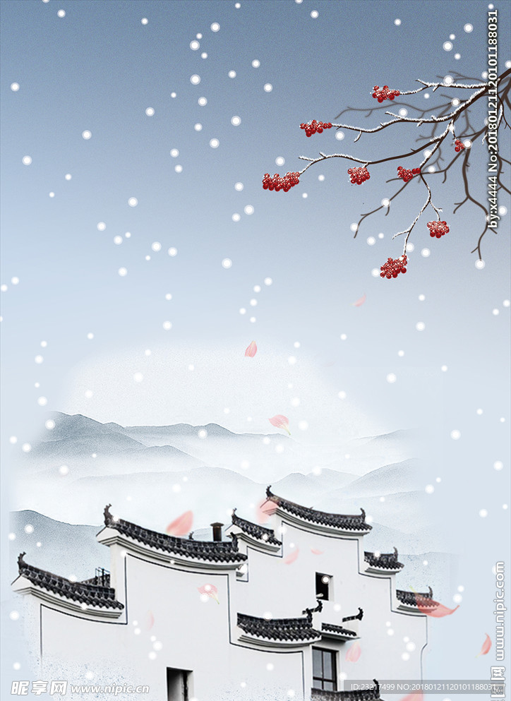 简约冬季徽派背景素材-冷