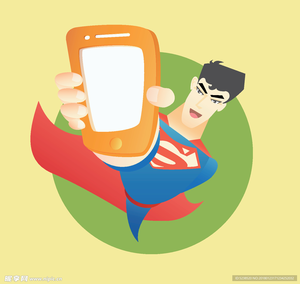 超人卡通形象拿手机创意画面