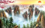 新中式山水瀑布国画电视背景墙