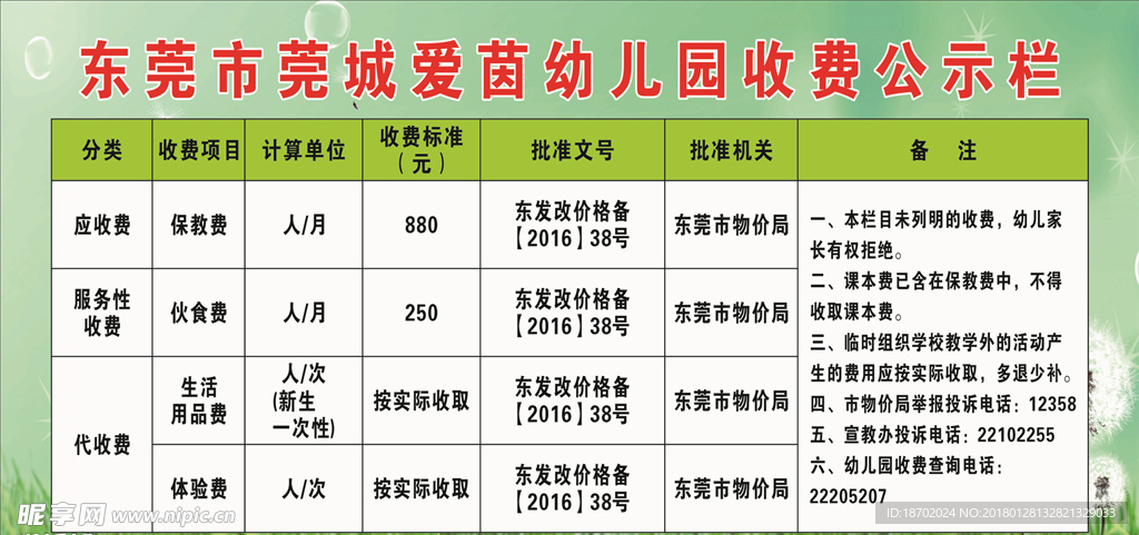 幼儿园价目表