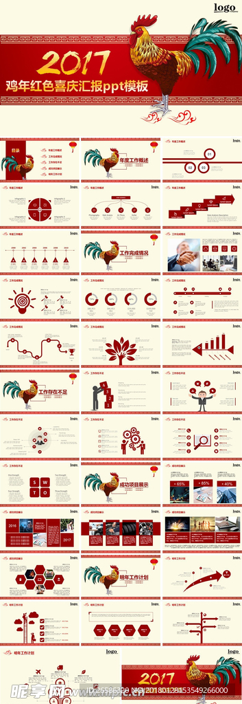 红色喜庆鸡年工作年终汇报模板