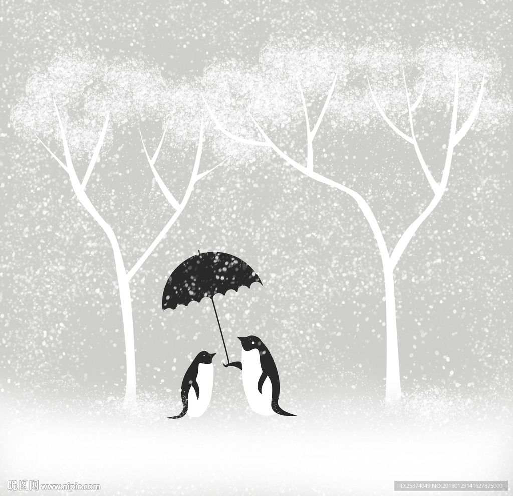 慢时光温馨企鹅雪花插画