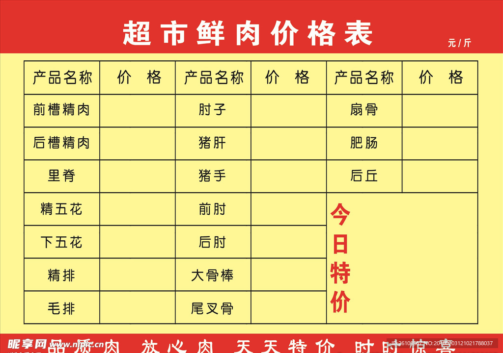 超市鲜肉价格板