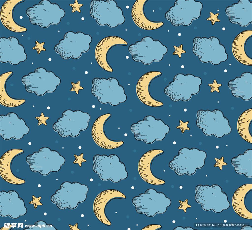 彩绘云朵和月亮无缝背景矢量图