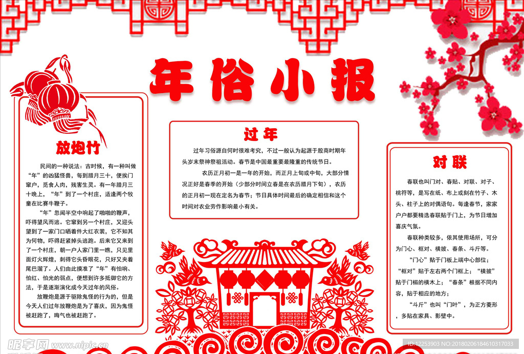 红色剪纸春节年俗手抄小报