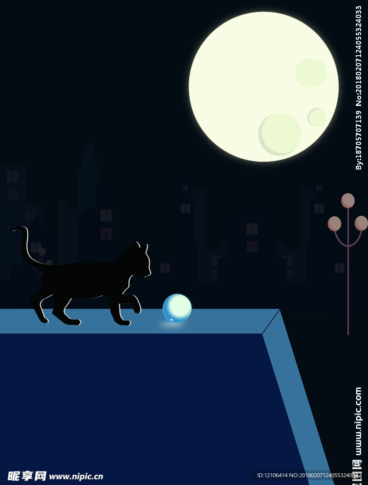 蓝色夜晚月亮下的黑猫宣传单