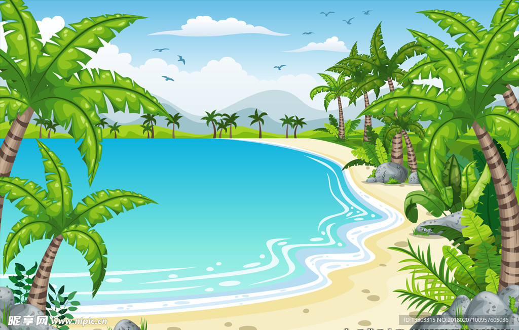 唯美手绘夏日海滩背景