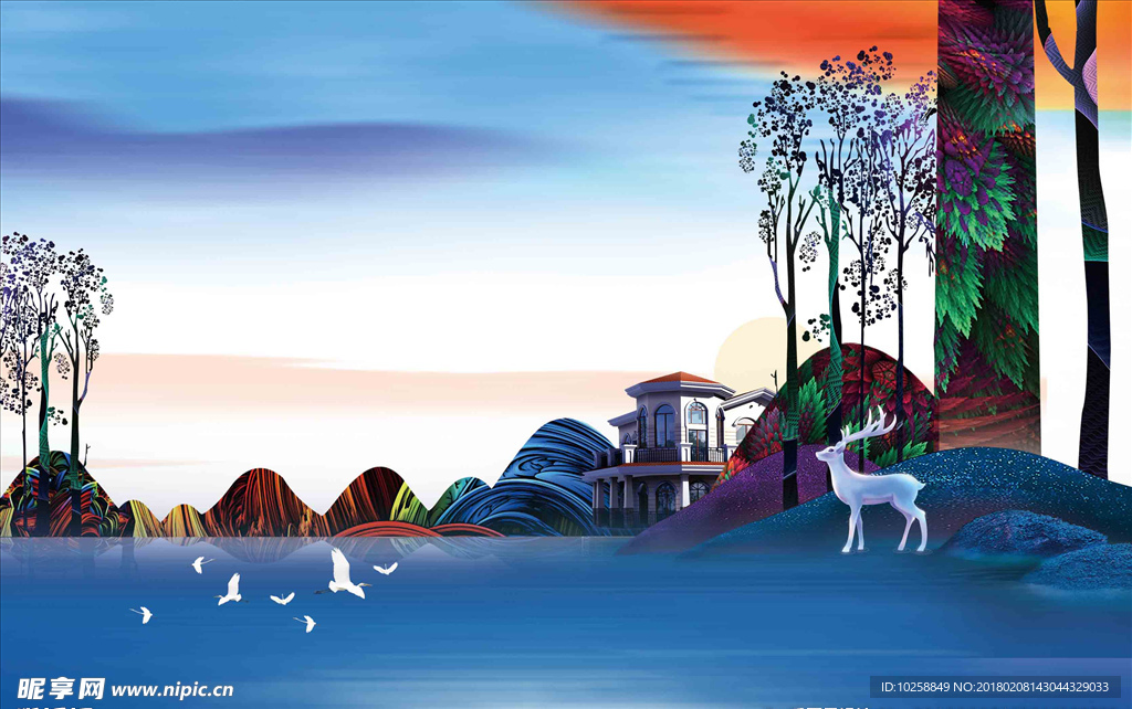 古典手绘风景插画海报展板背景