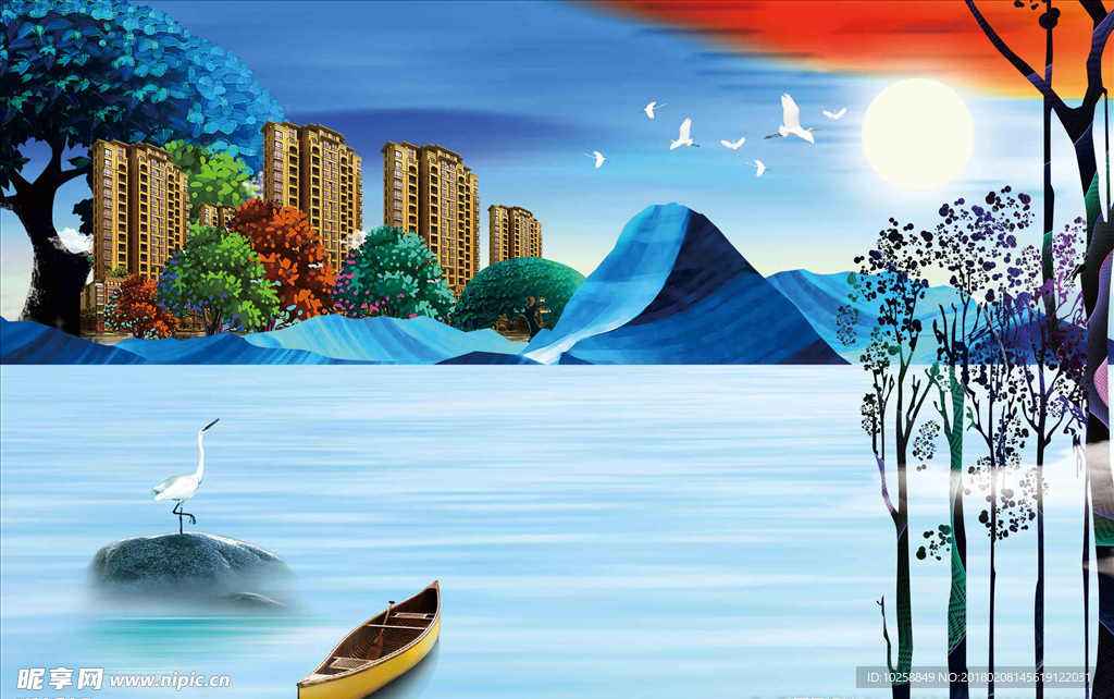 古典手绘风景插画海报展板背景