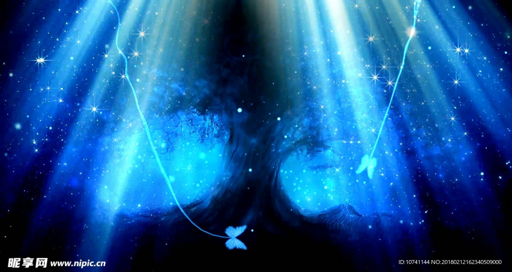 冰雪粒子蝴蝶荧光大树背景视频