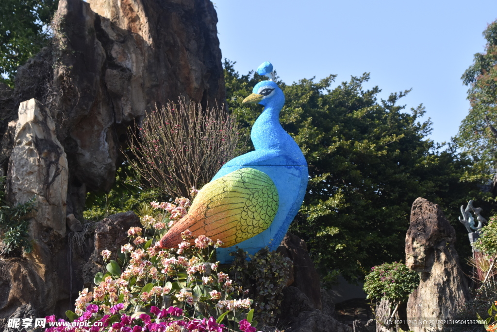 孔雀雕塑和假山