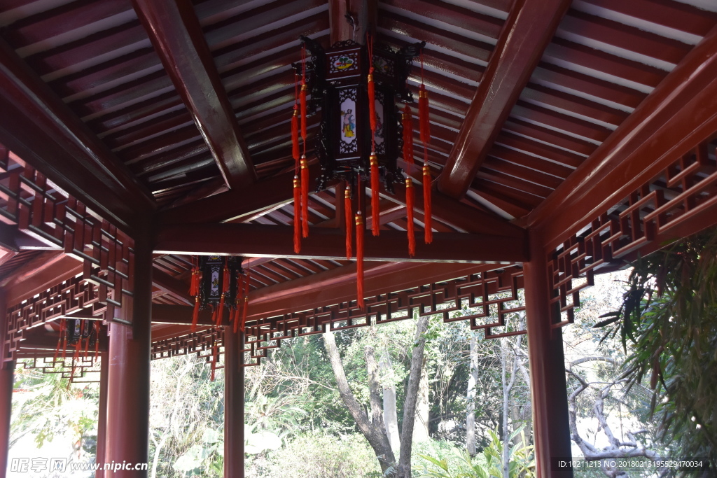 公园景区亭子建筑物灯笼