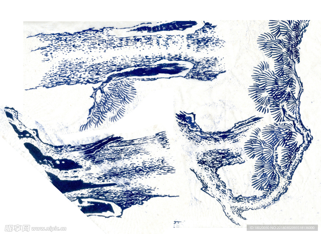 青花绘画山水树木素材