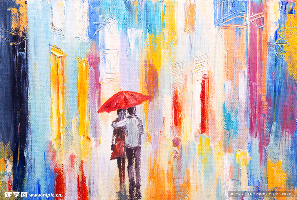 撑着红色雨伞的情侣油画