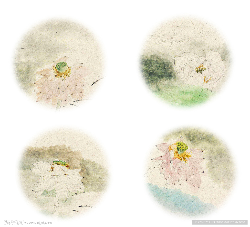 写意荷花小品团花