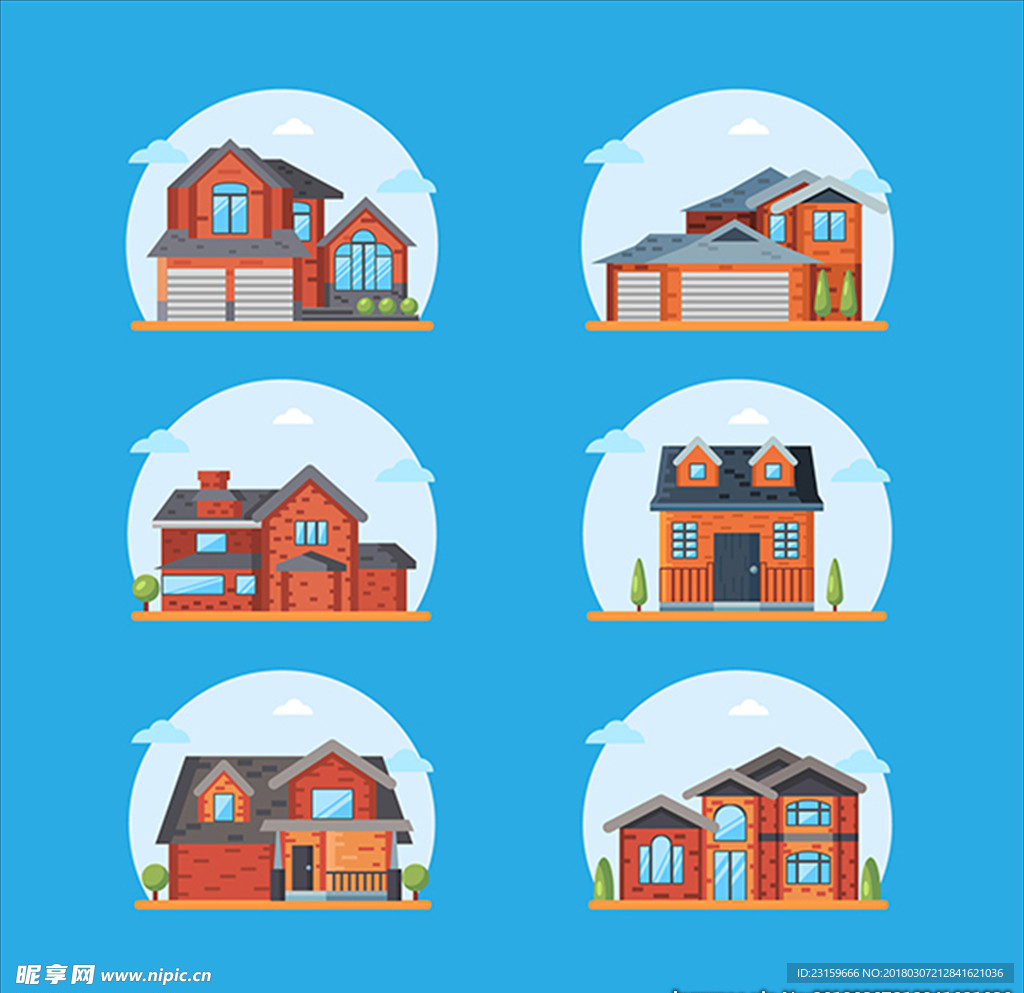 六款扁平风格房子插图