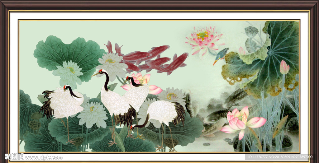 荷花仙鹤图