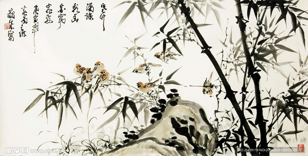 仿古宣竹子花鸟国画