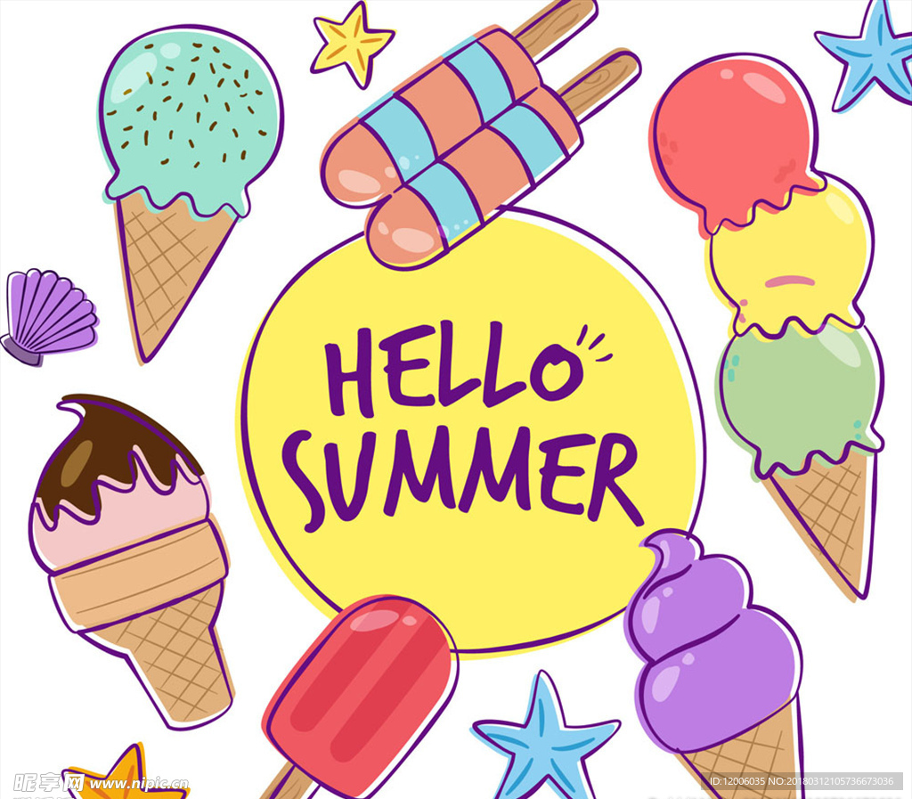 彩绘夏季冰淇淋框架矢量图