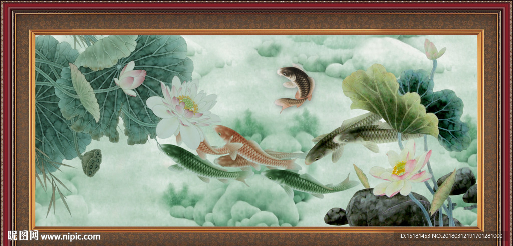 国画荷花鲤鱼图