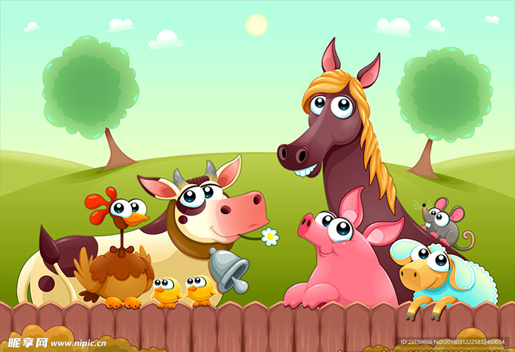 有趣的农场动物在篱笆附近微笑