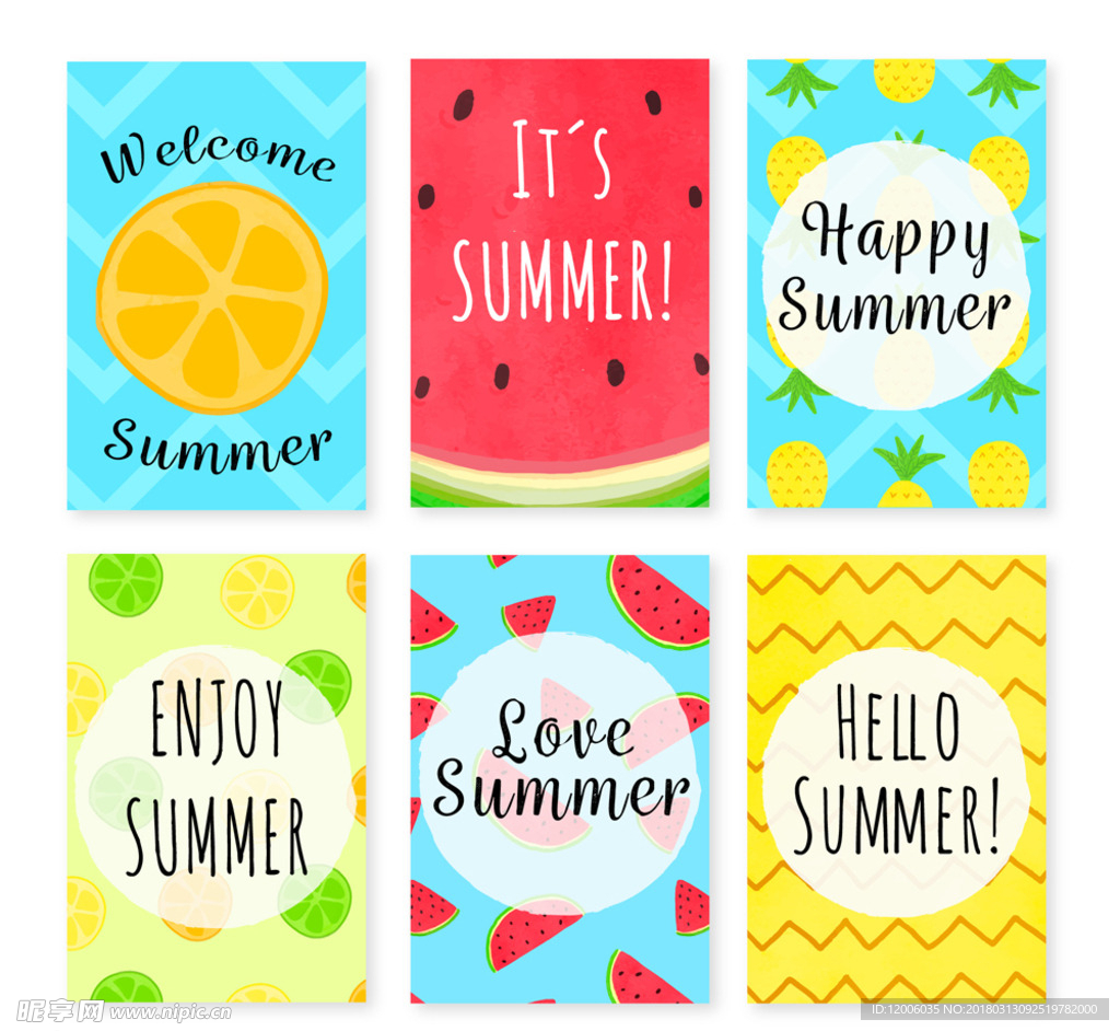 6款彩色夏季元素卡片矢量素材