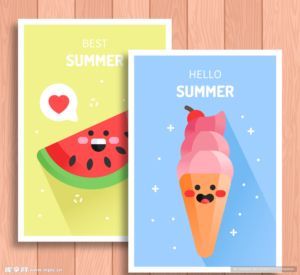 2款可爱夏季西瓜和冰淇淋卡片矢