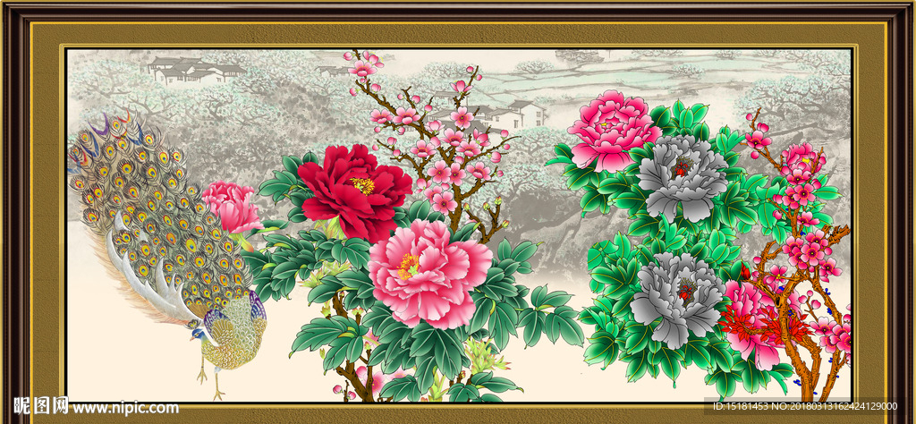 国画牡丹孔雀图