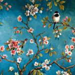 蓝色中国风彩色桃花小鸟风景画装