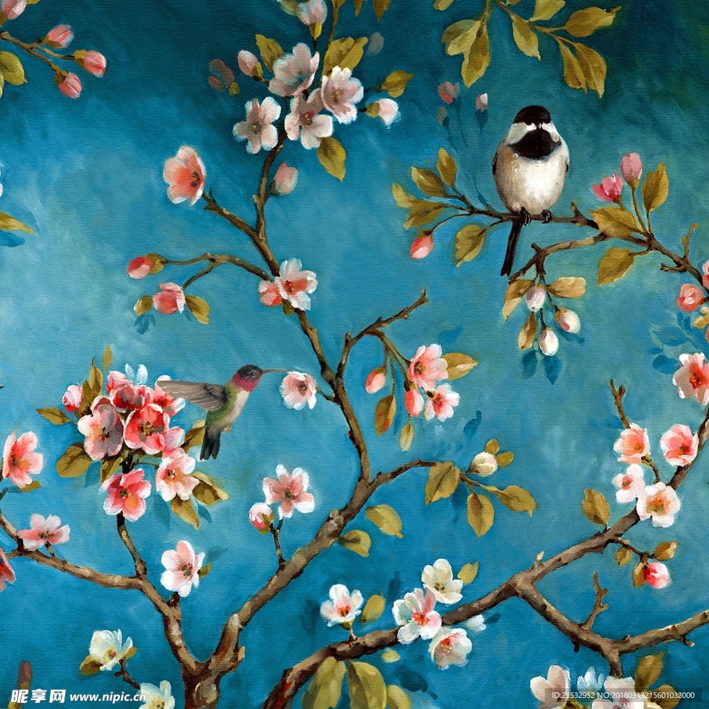 蓝色中国风彩色桃花小鸟风景画装