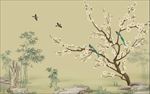新中式手绘竹子梅花鸟背景墙