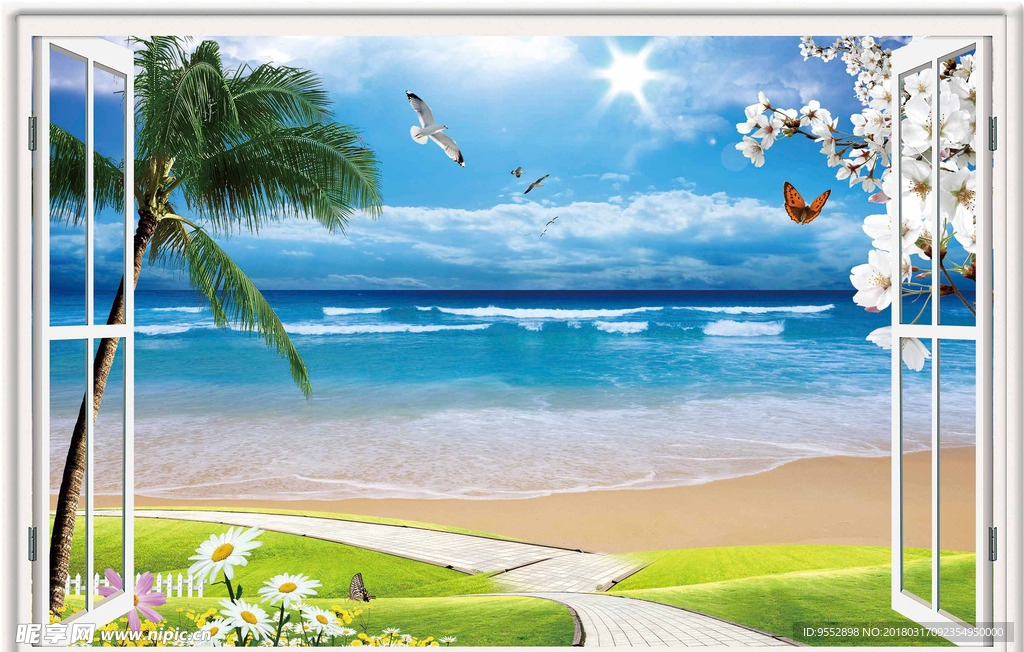 3D窗户大海沙滩草地热带树背景