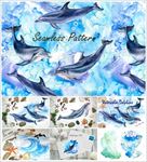 蓝色海洋海浪海豚水彩画