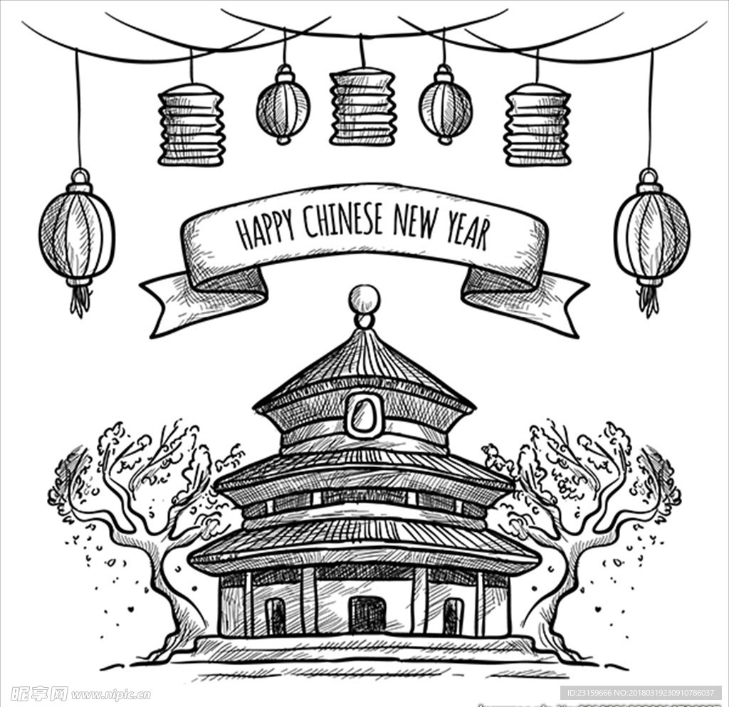 手绘中国新年建筑插图