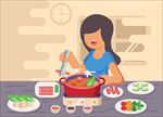 扁平化吃火锅的女郎插图