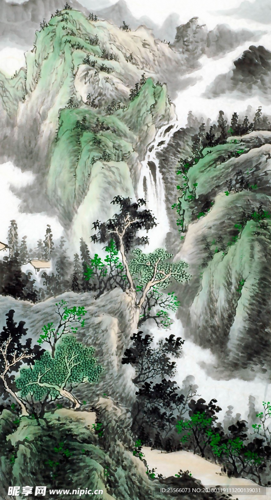 流水生财中国风水墨国画